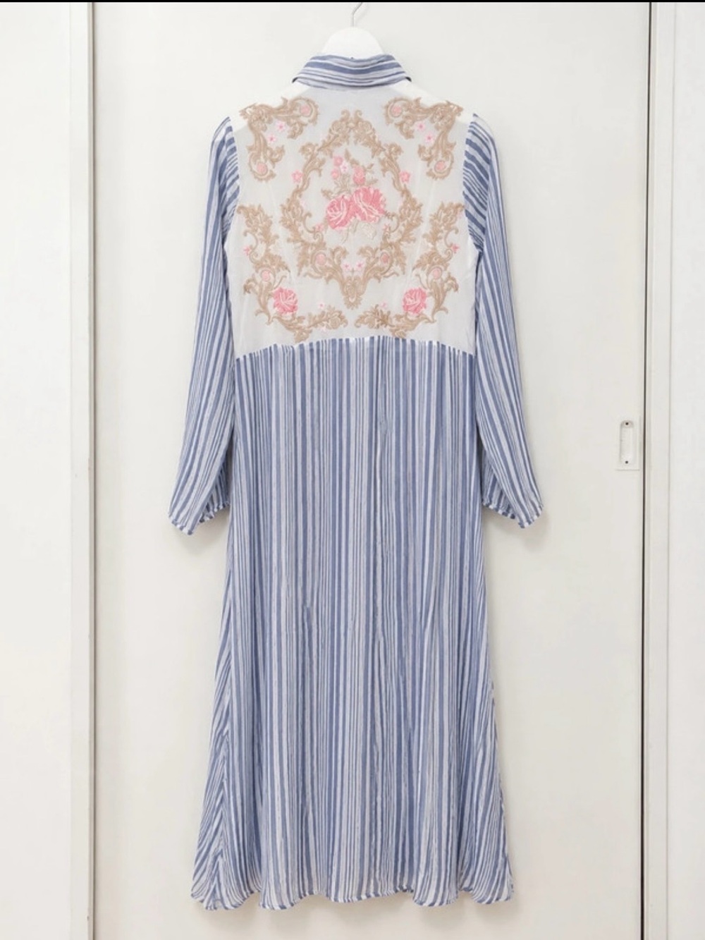 ANDREE BY UNIT Blue & White Striped Shirt with Pink Floral Embroidery